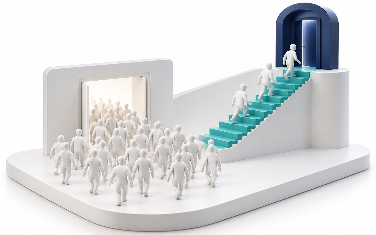 Une foule entre par une porte gratuite ; quelques figurines montent un escalier turquoise vers une porte premium.