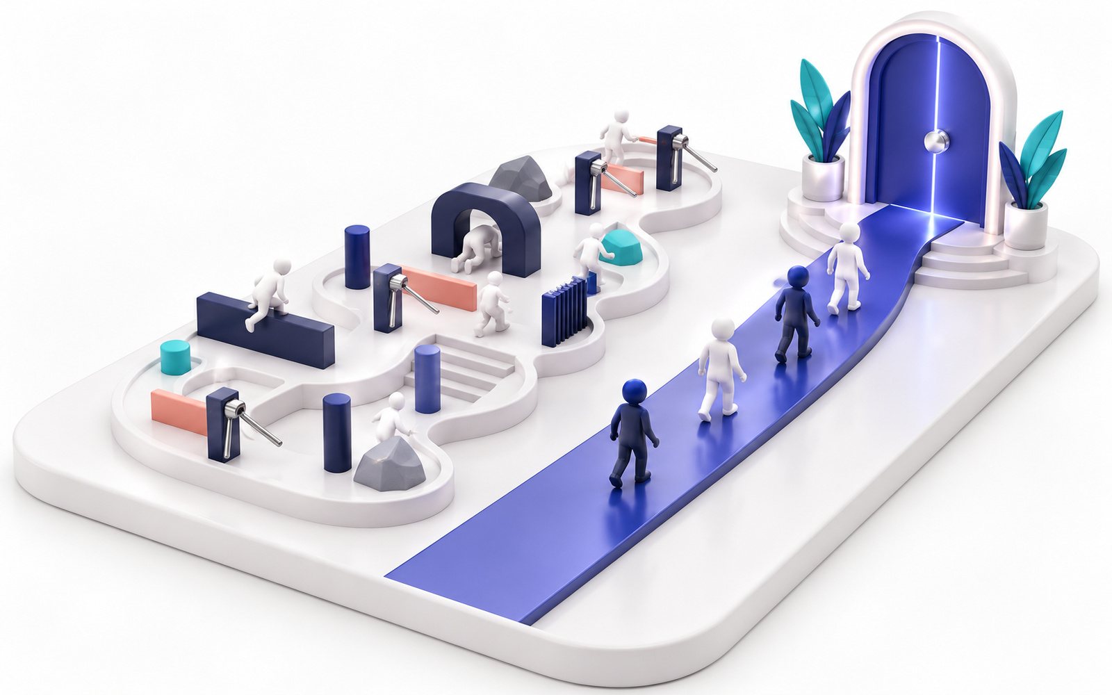 Un chemin semé d’obstacles et un chemin lisse vers une porte ; les figurines prennent le lisse.