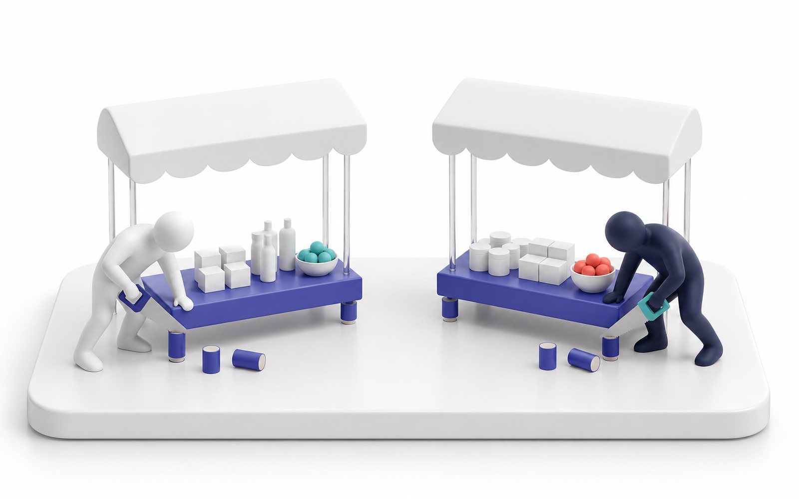 Deux stands face à face dont les figurines scient chacune leur propre comptoir.