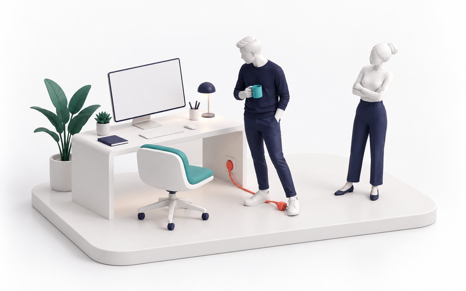 Une figurine distraite débranche du pied un câble corail ; une autre, plus loin, la soupçonne en croisant les bras.