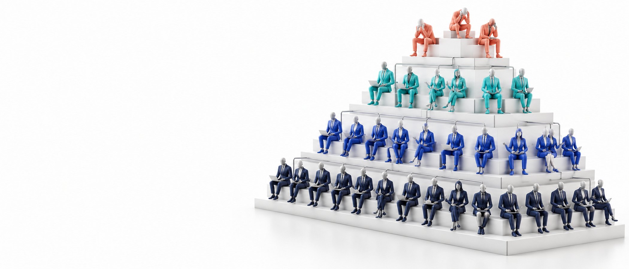 Une pyramide d’organigramme en figurines sur un plateau blanc ; au sommet, quelques figurines virent au corail.