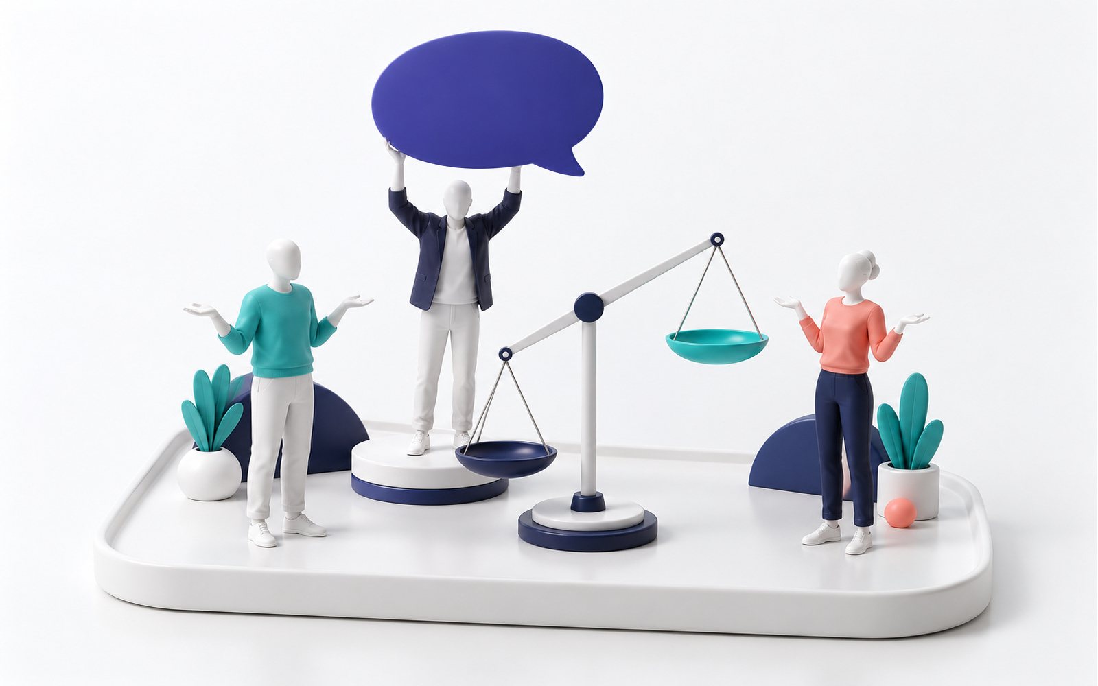 Une figurine brandit une bulle vide ; à côté, une balance dont le plateau des preuves est vide ; deux figurines haussent les épaules.