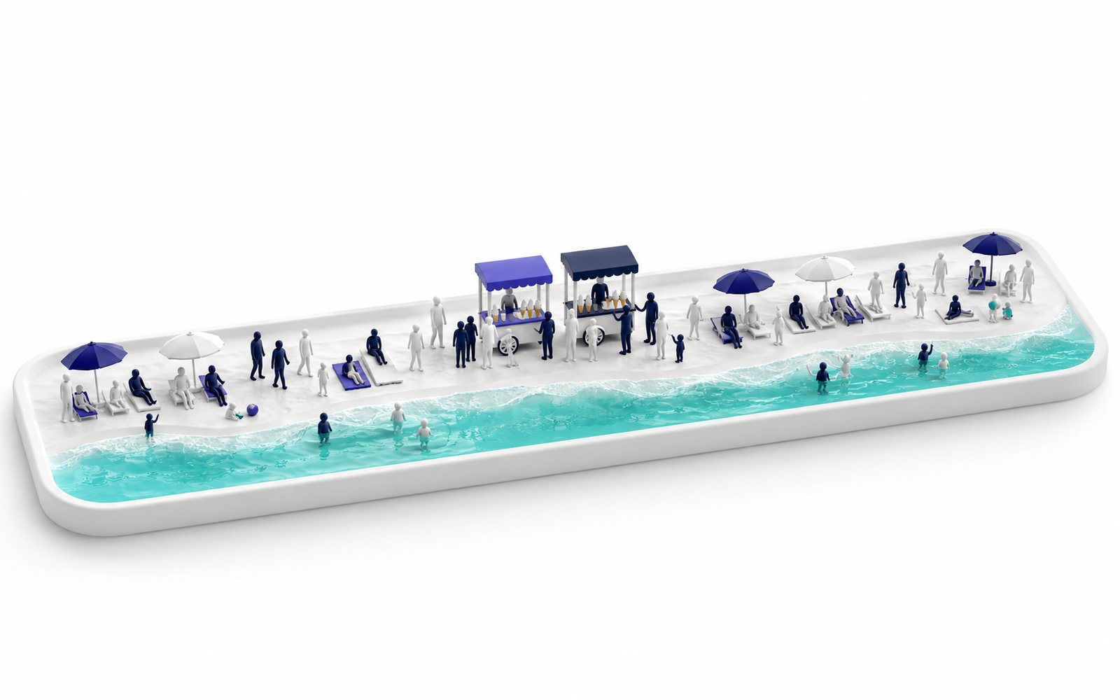 Une longue plage miniature avec deux stands côte à côte au milieu.