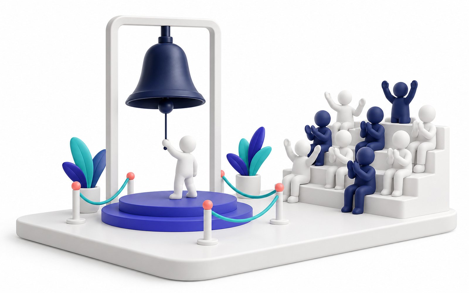 Une figurine sonne une cloche sur un podium, devant une tribune de figurines.