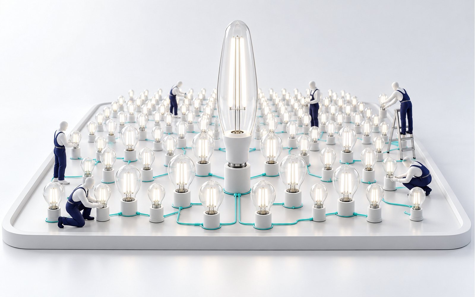 Une ampoule LED au centre, entourée de dizaines d’ampoules que des figurines installent encore.