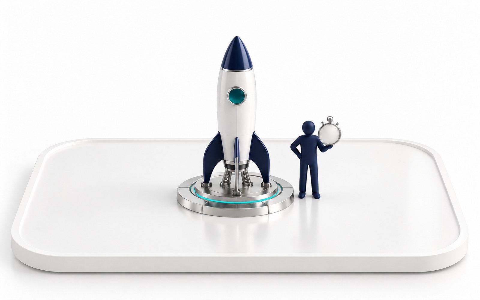 Une petite fusée sur son pas de tir ; une figurine tient un chronomètre.