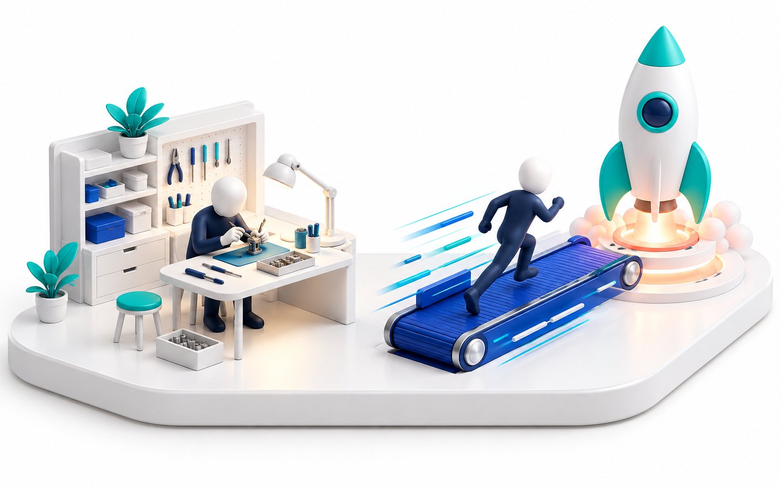 Une figurine dans un atelier calme ; à côté, une autre court sur un tapis vers une fusée.