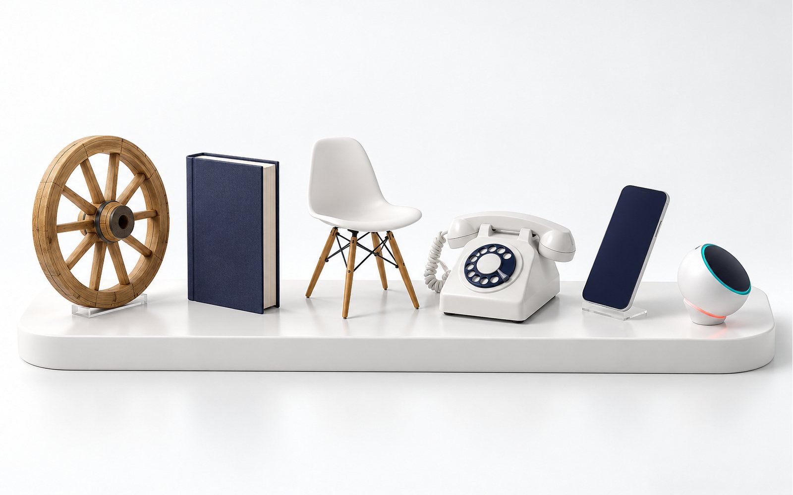 Sur une étagère, du plus ancien au plus récent : une roue en bois, un livre, une chaise, un téléphone fixe, un smartphone, un gadget.