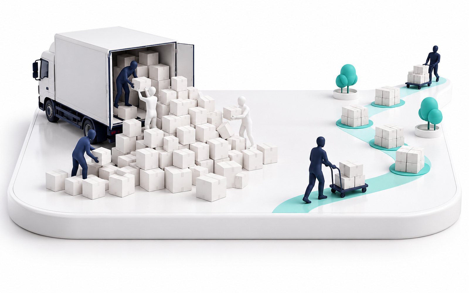 Un camion déverse une énorme pile de cartons, à côté d’un petit chariot qui livre régulièrement.