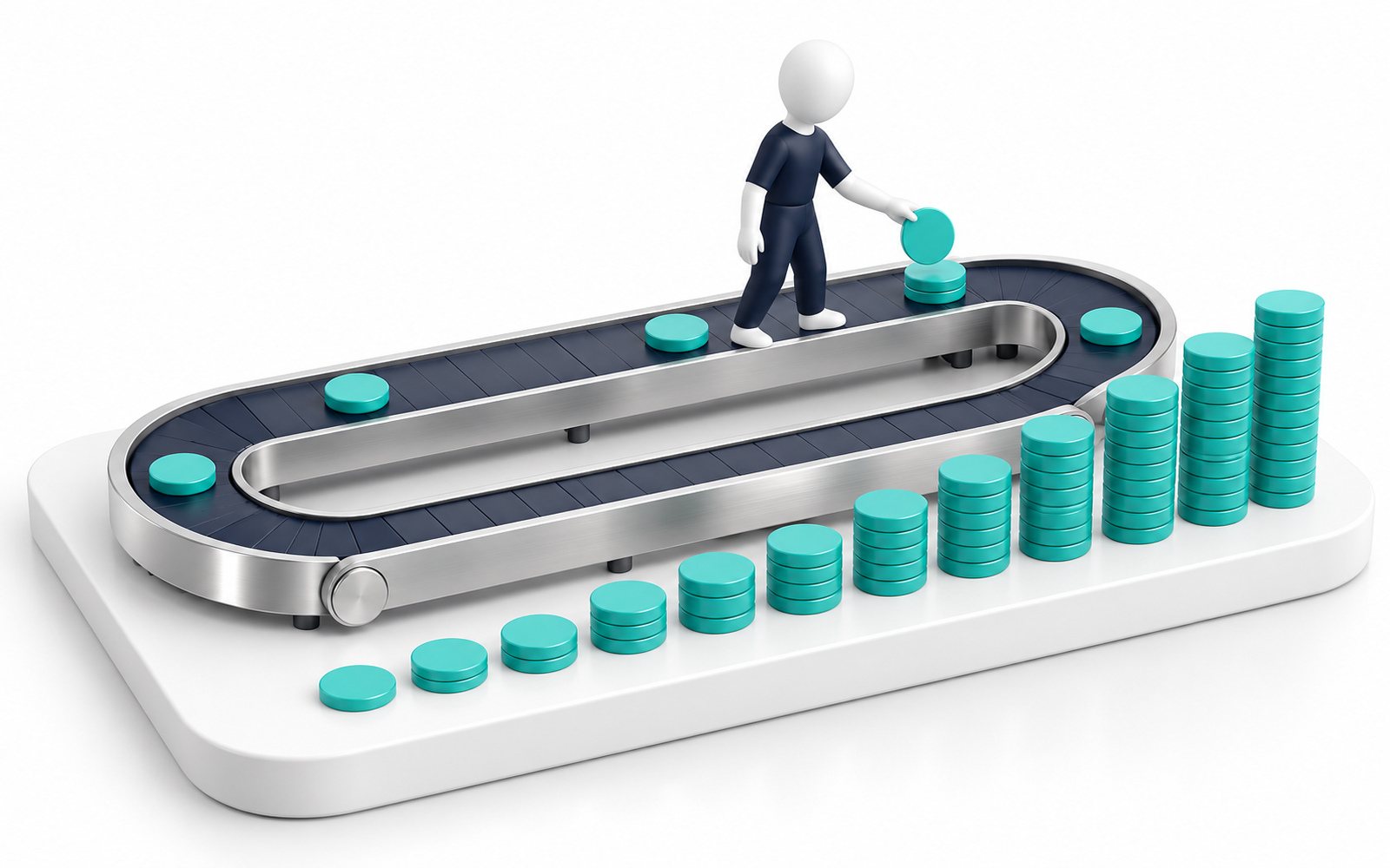 Une figurine sur un tapis roulant dépose une pièce à chaque tour ; la pile grandit.