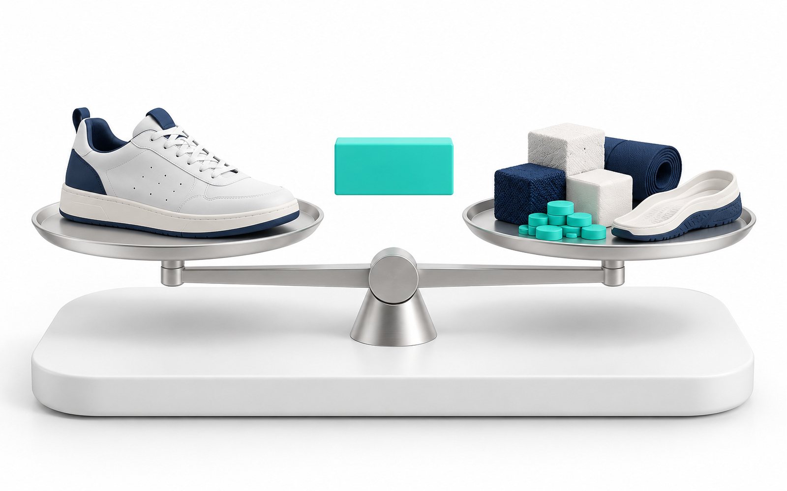 Une basket sur une balance face à ses matières premières ; l’écart est un bloc turquoise flottant.