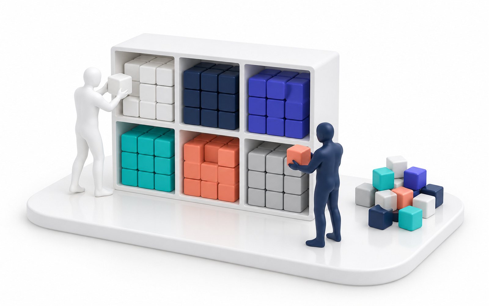 Des figurines rangent des cubes de couleur dans un meuble à casiers, chaque couleur dans sa case.
