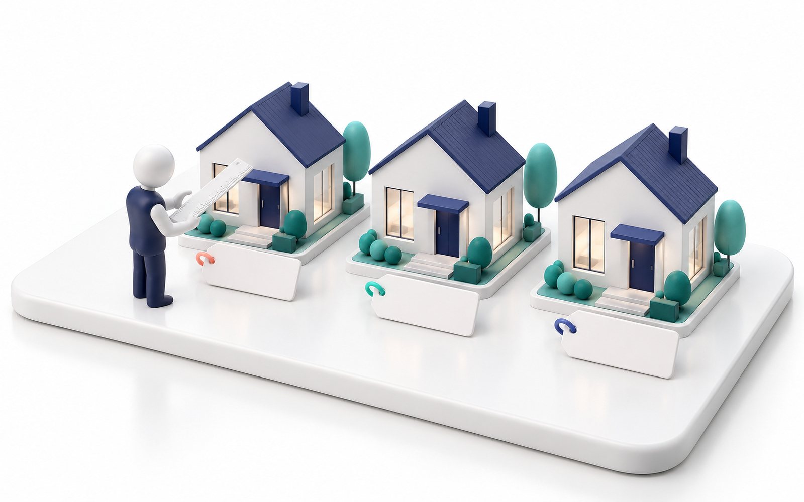 Trois maisons miniatures semblables côte à côte ; une figurine les compare.