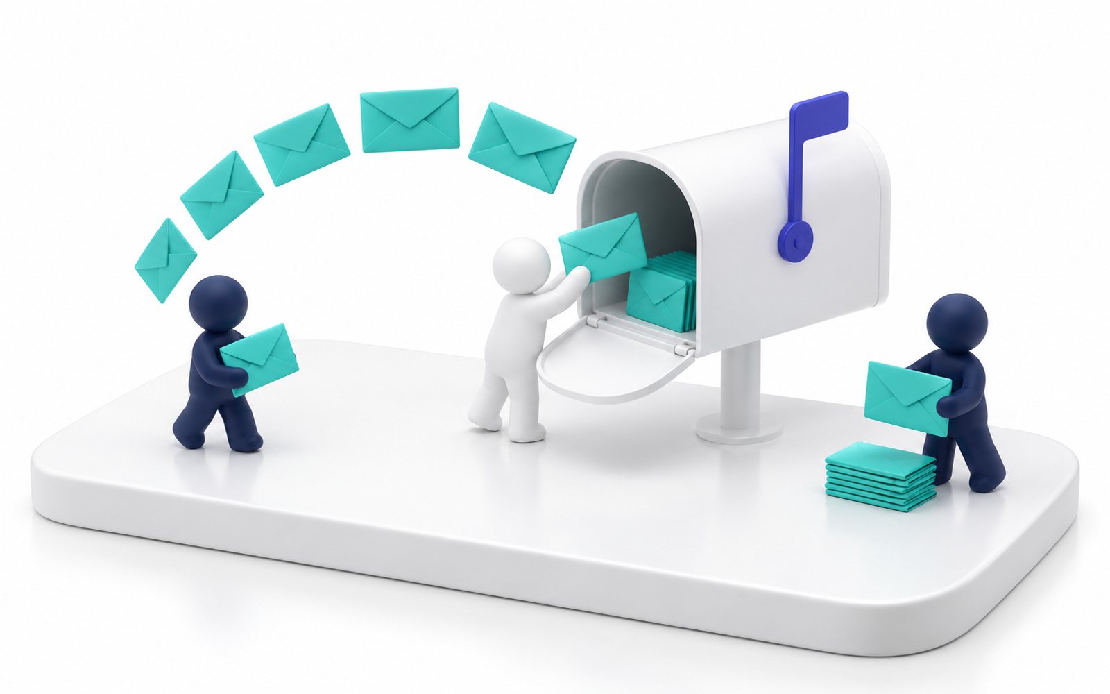 Une boîte aux lettres où arrivent des enveloppes turquoise que des figurines viennent chercher.