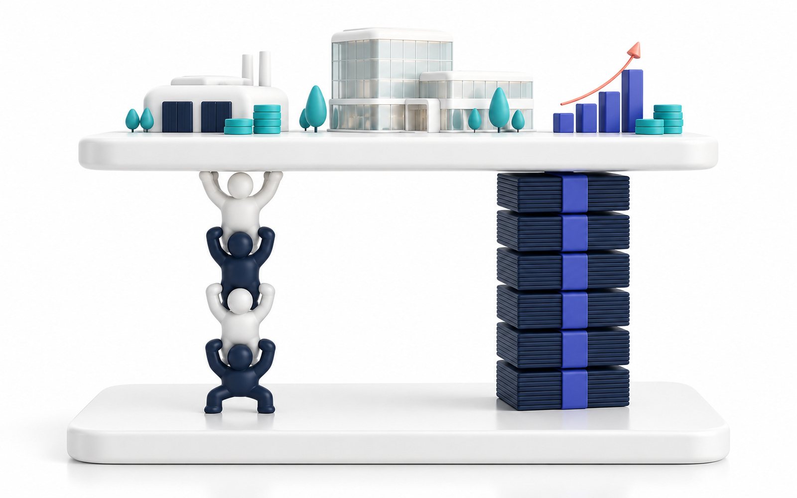Une plateforme soutenue par une colonne de figurines et une colonne de liasses de billets.