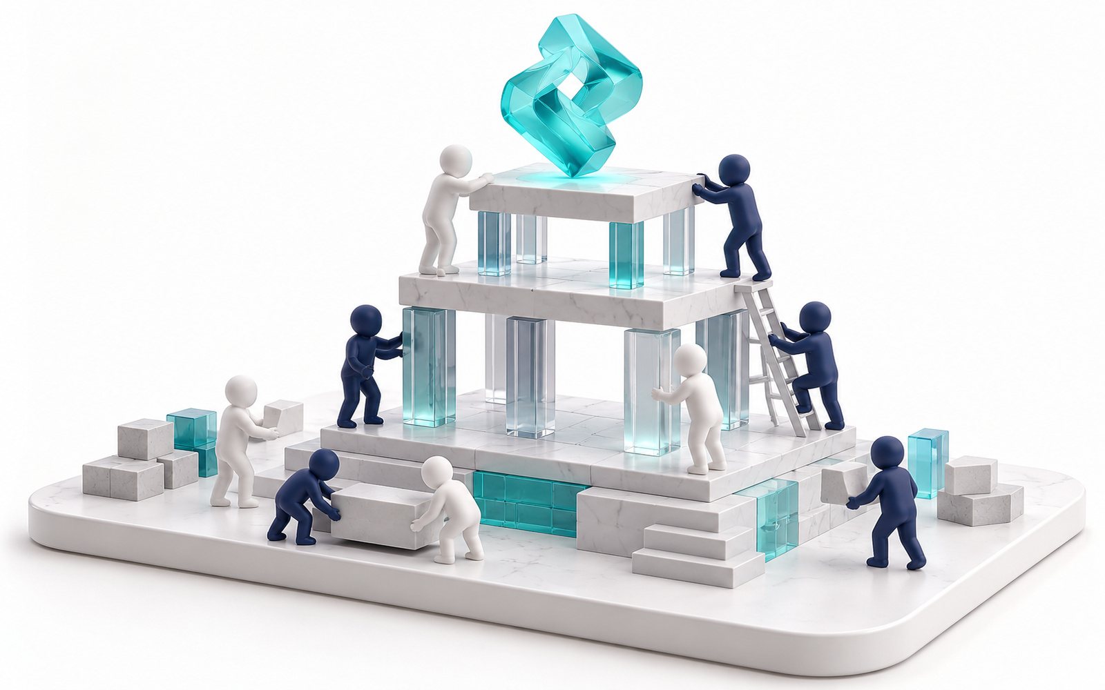 Des figurines bâtissent un socle à étages surmonté d’un emblème lumineux.