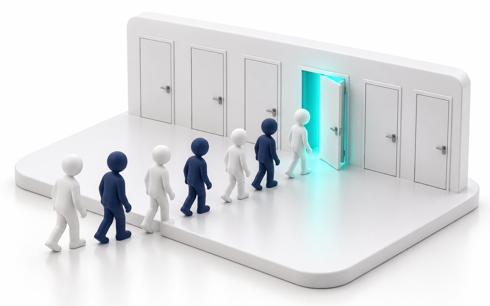 Un mur de portes dont une seule est entrouverte et éclairée ; une file de figurines s’y dirige.