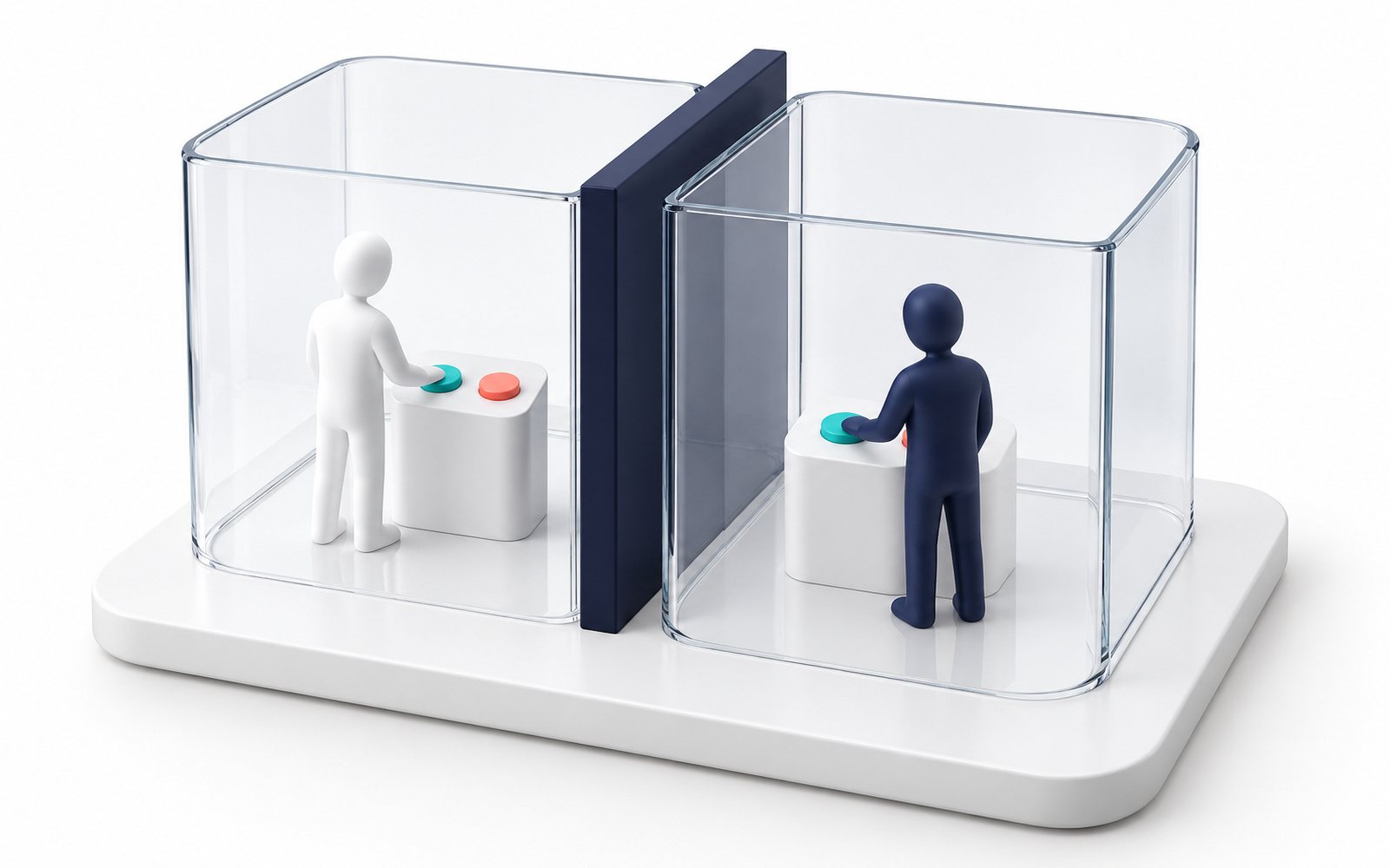 Deux figurines dans deux cabines vitrées séparées, chacune devant deux boutons, sans se voir.