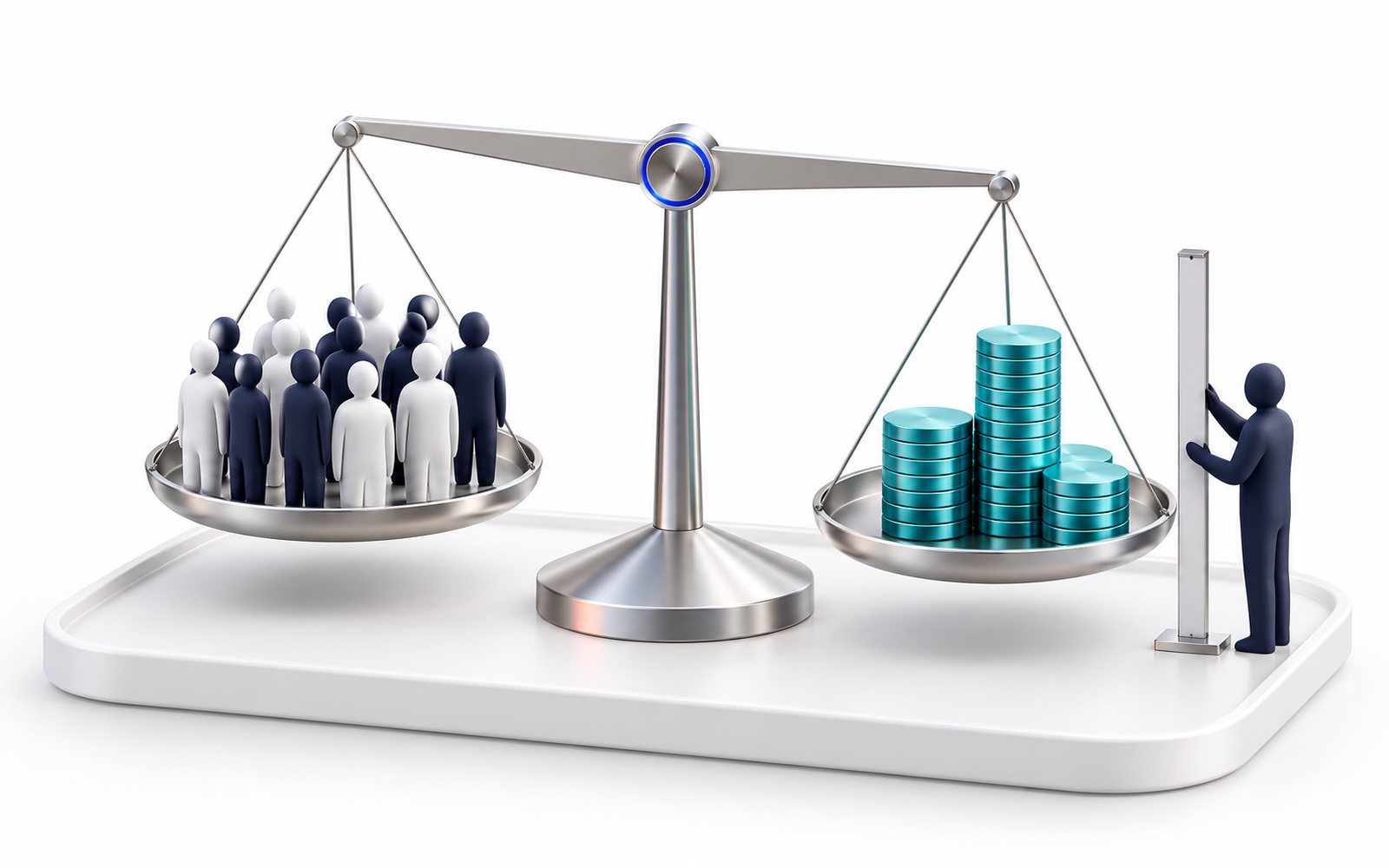 Une balance avec une foule de figurines d’un côté et une pile de pièces de l’autre ; une figurine mesure.