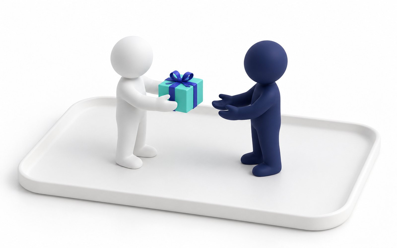 Une figurine tend une petite boîte cadeau turquoise à une autre.