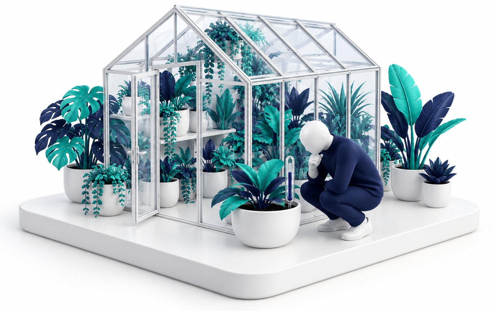 Une figurine lit un seul thermomètre planté dans un pot pour juger toute une serre.