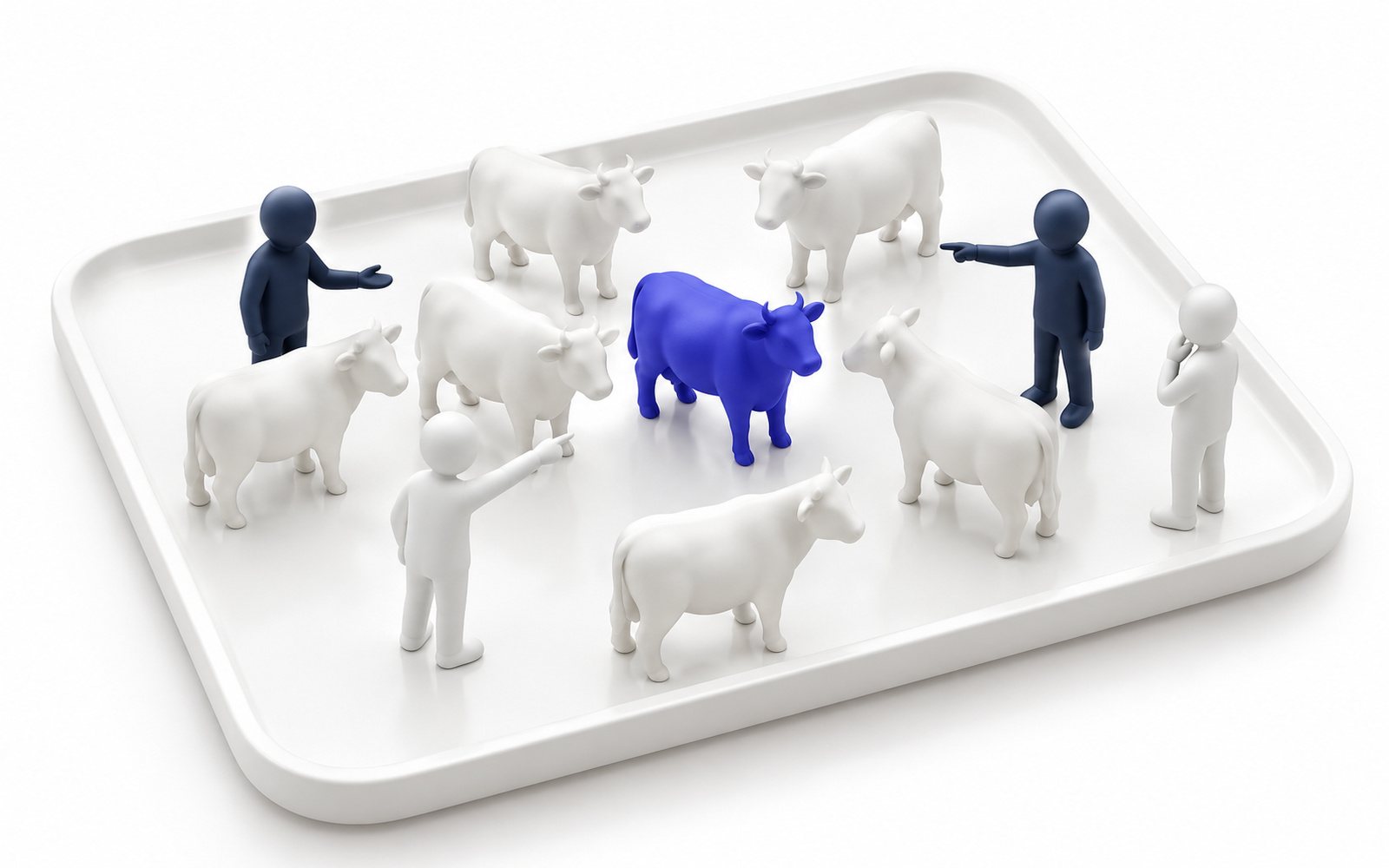 Un troupeau de vaches blanches avec une seule vache indigo qui attire les regards.