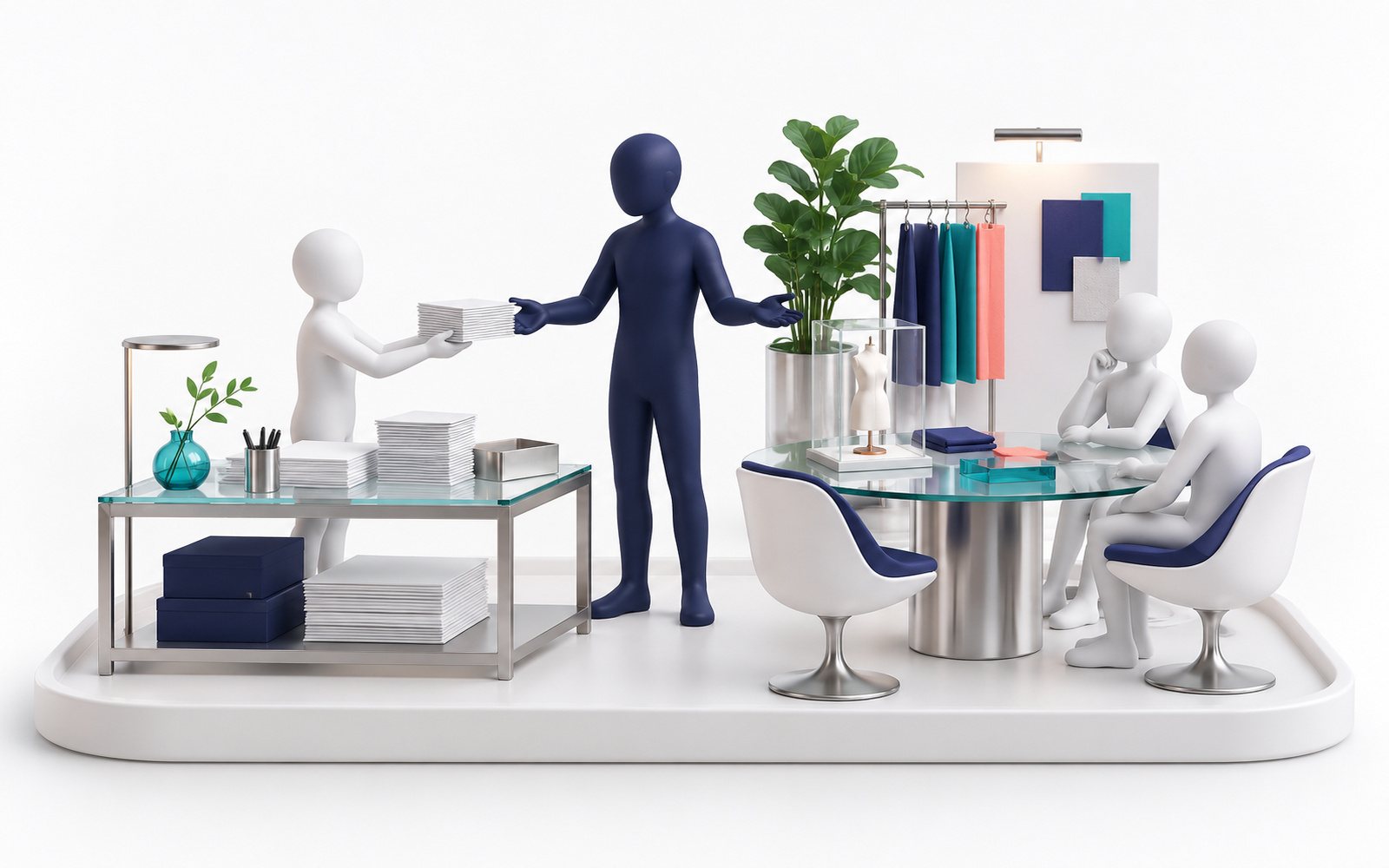 Une figurine passe des documents rangés à une autre, qui reçoit des clients assis autour d’une table.