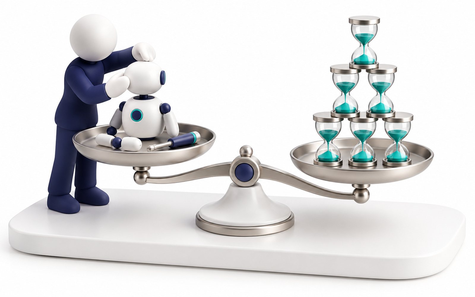 Une balance : un petit robot en construction d’un côté, une pile de sabliers de l’autre.