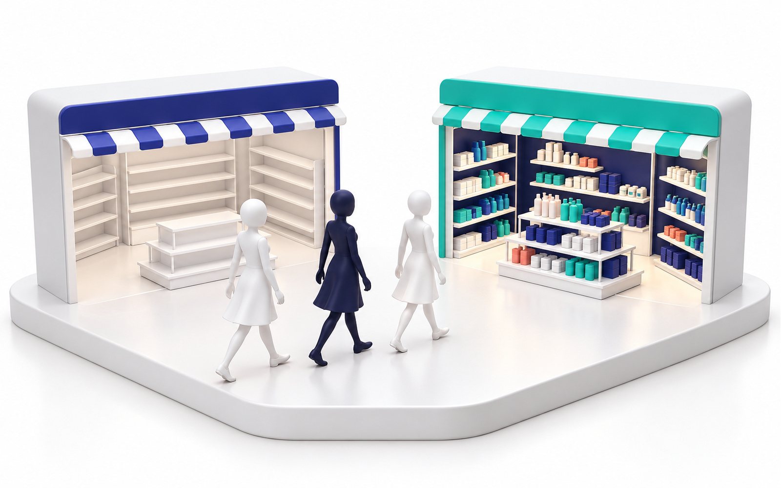 Une boutique aux rayons vides que les clientes quittent pour la boutique voisine.
