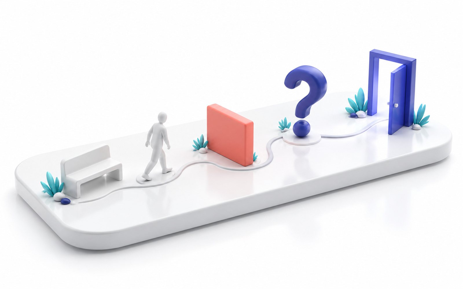 Un chemin passe par un banc, un mur corail, un point d’interrogation puis une porte ouverte ; une figurine avance.
