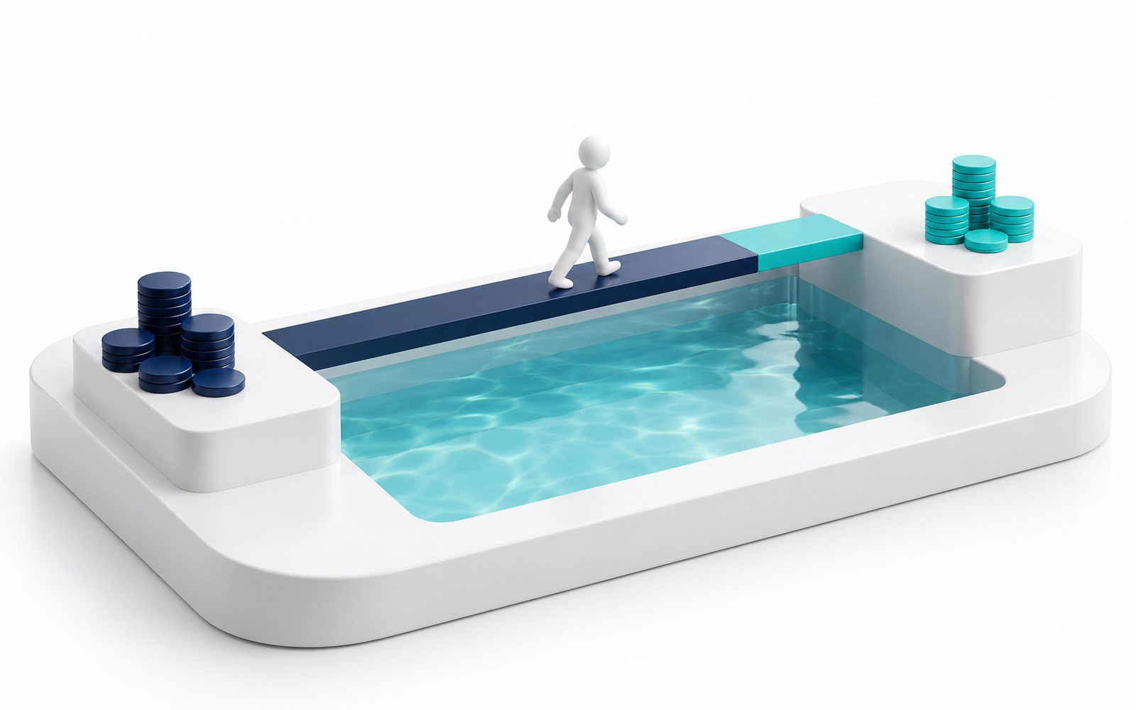 Une figurine marche sur une planche au-dessus d’un bassin ; la fin de la planche est une zone turquoise.