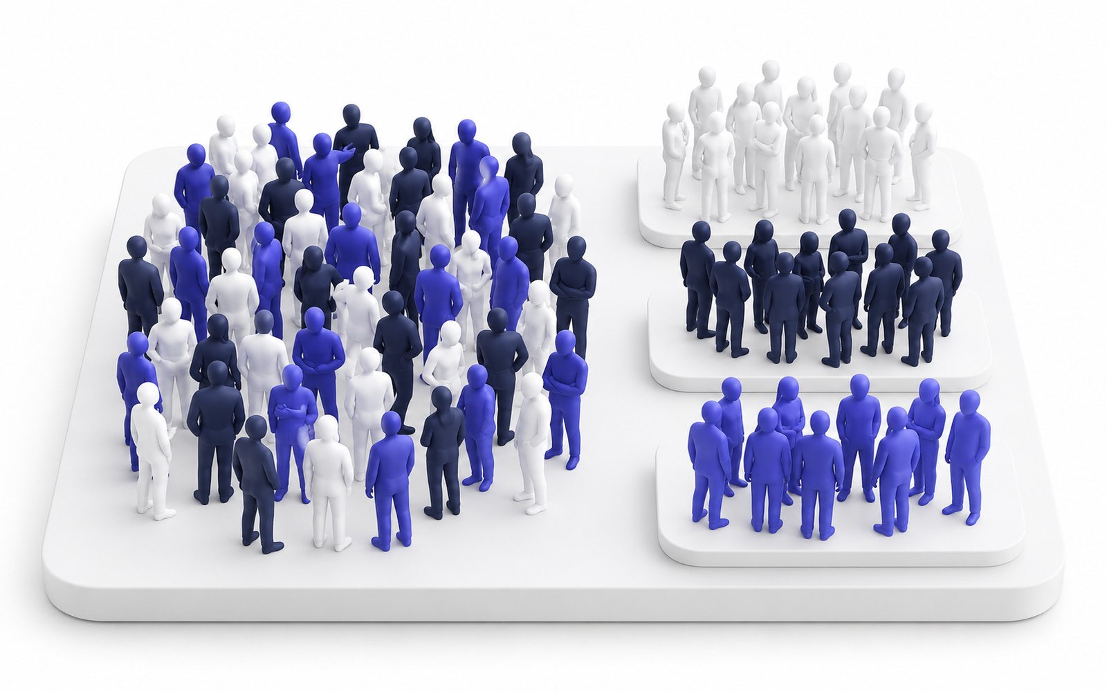 Une foule mélangée de figurines, puis les mêmes réparties par couleur sur trois petits plateaux.