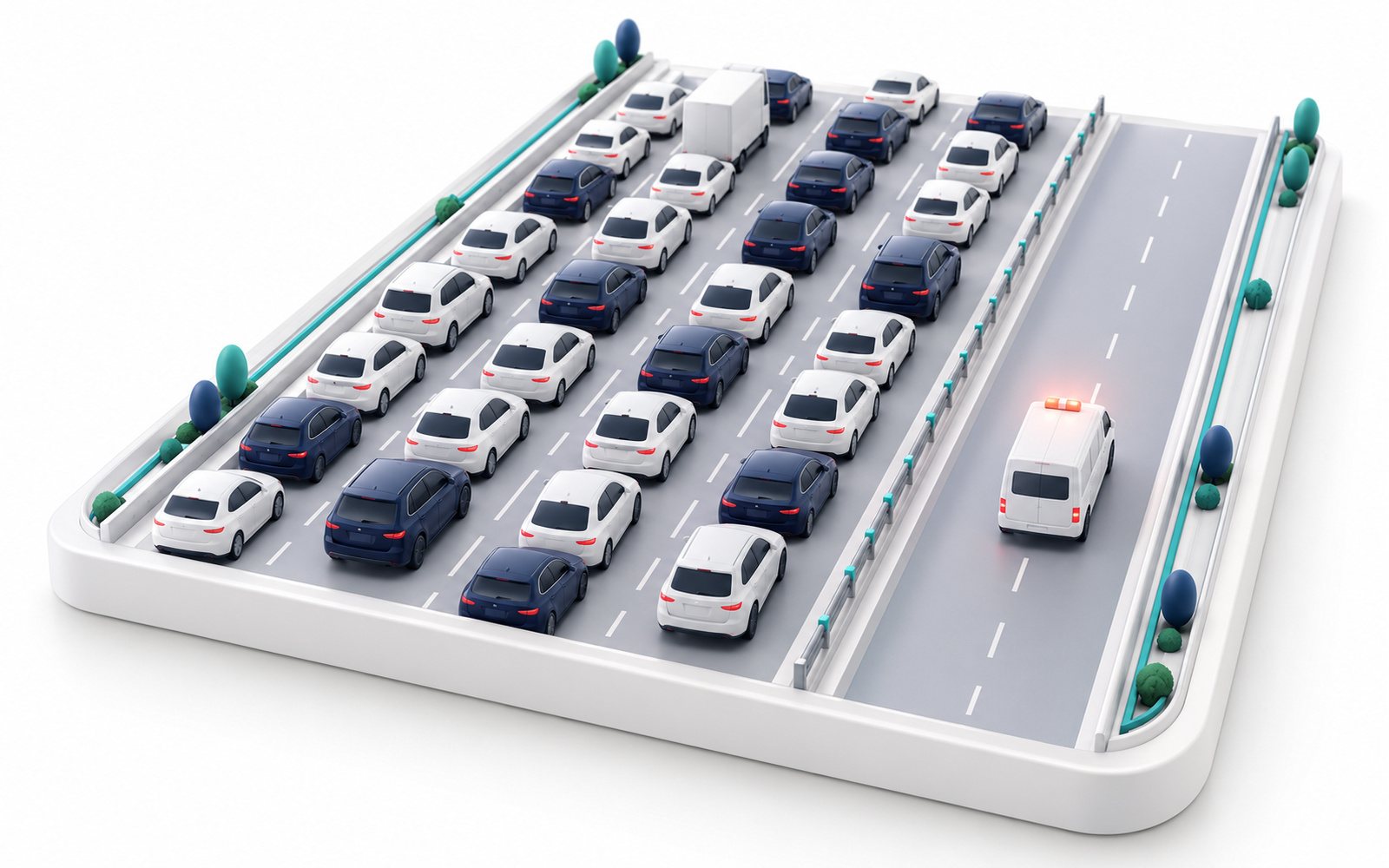 Une autoroute saturée et une voie libre où passe une ambulance.
