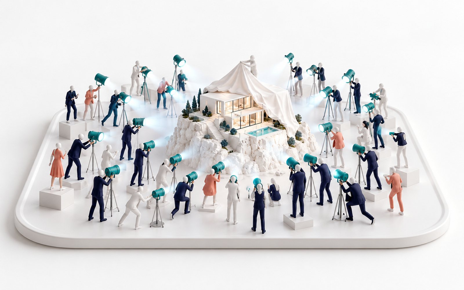 Une villa miniature à moitié couverte d’un drap, encerclée par des dizaines de figurines qui braquent des projecteurs sur elle.