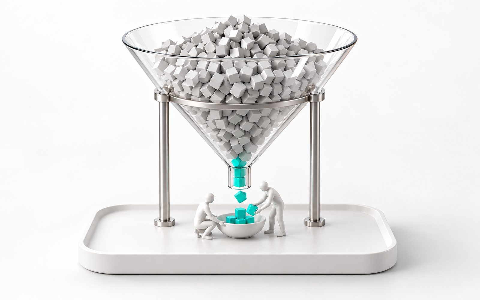 Un entonnoir de verre rempli de cubes gris ; seuls quelques cubes turquoise en sortent, recueillis par deux figurines.