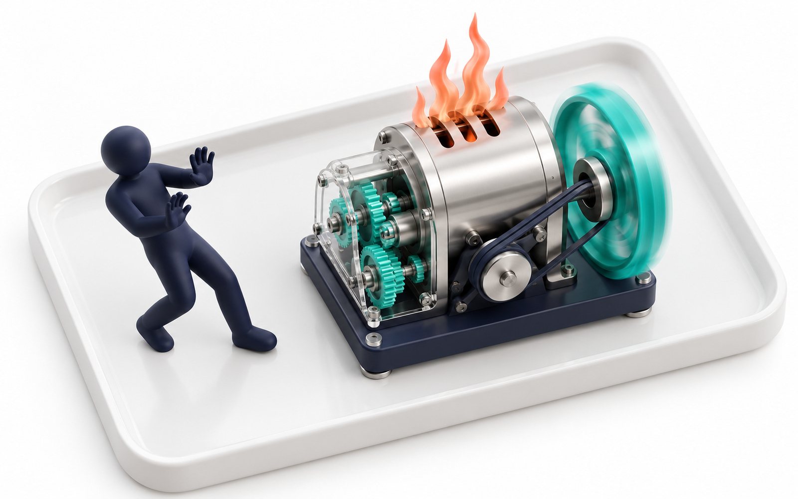 Un moteur qui tourne trop vite crache des flammes ; une figurine recule.