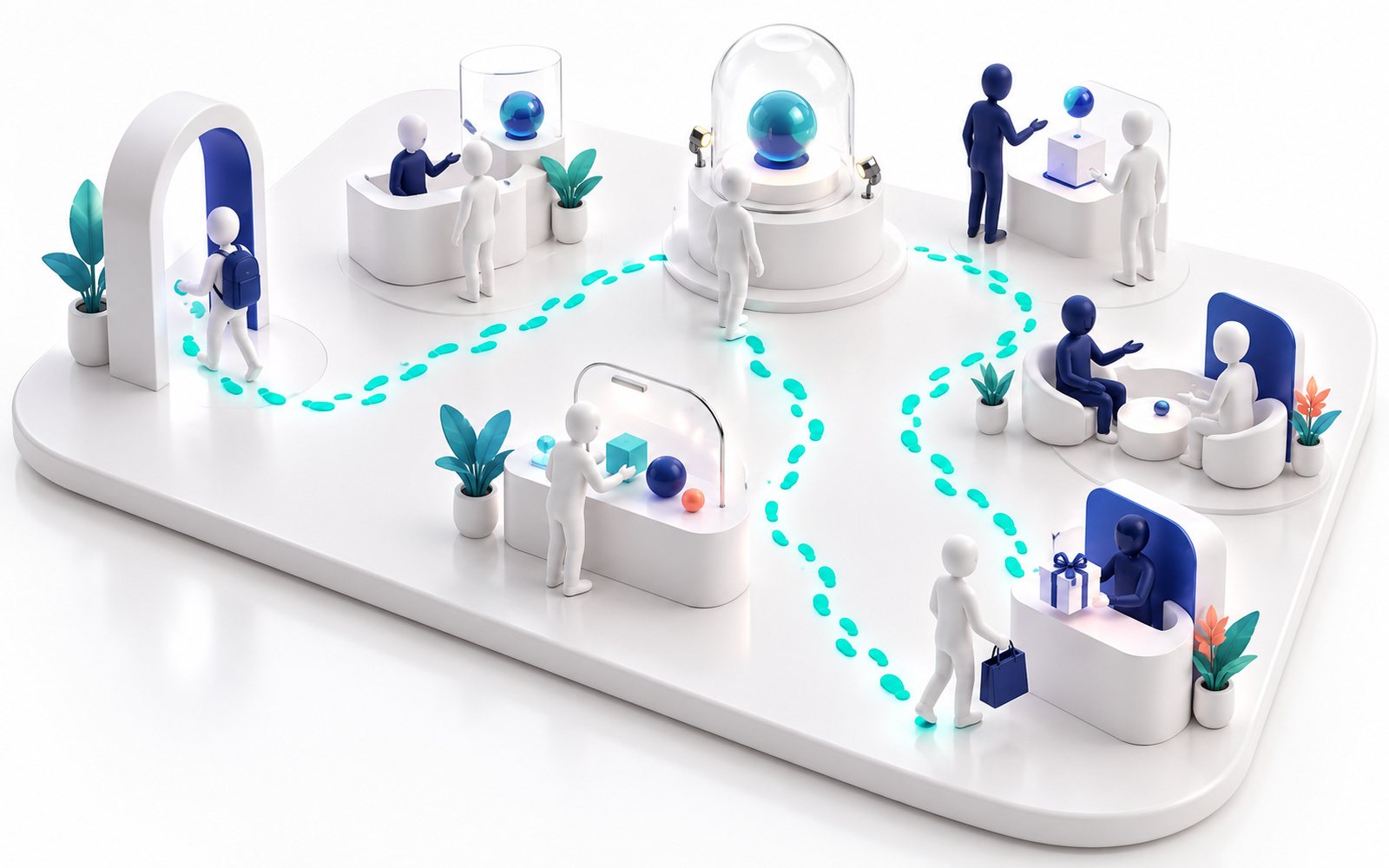 Des empreintes lumineuses suivent le parcours d’une figurine entre plusieurs stands.