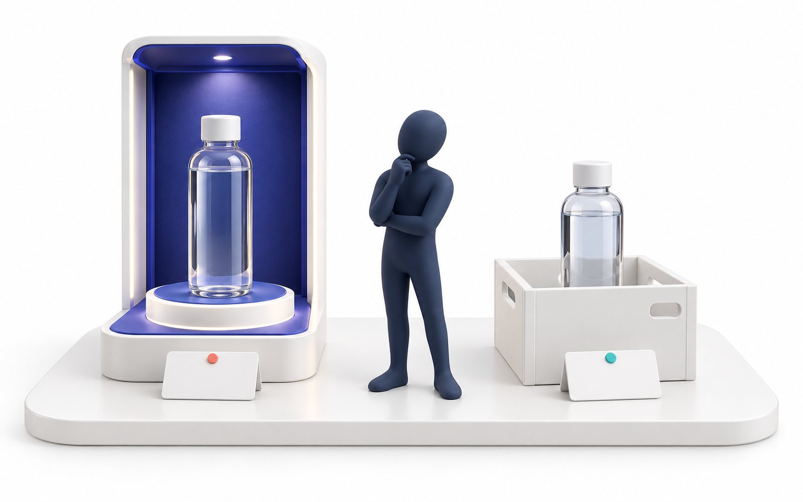 Deux bouteilles d’eau identiques, l’une dans un écrin lumineux, l’autre dans un casier ; une figurine hésite.