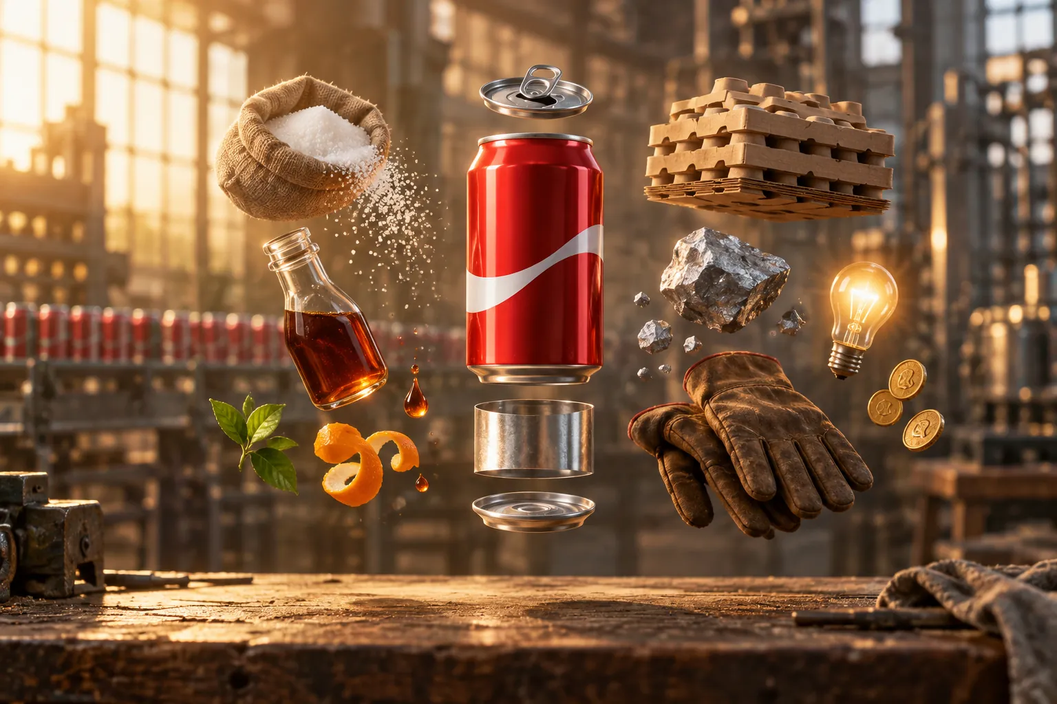 Une canette rouge éclatée en ses ingrédients : sucre, sirop, canette vide, palette, minerai, ampoule, gants et pièces.