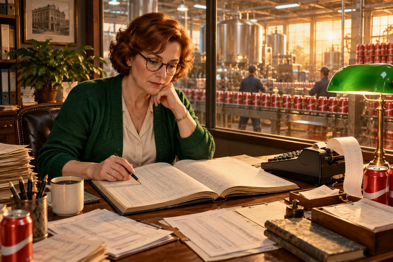 Colette, entourée de grands livres de comptes, prépare le compte de résultat de l’usine.