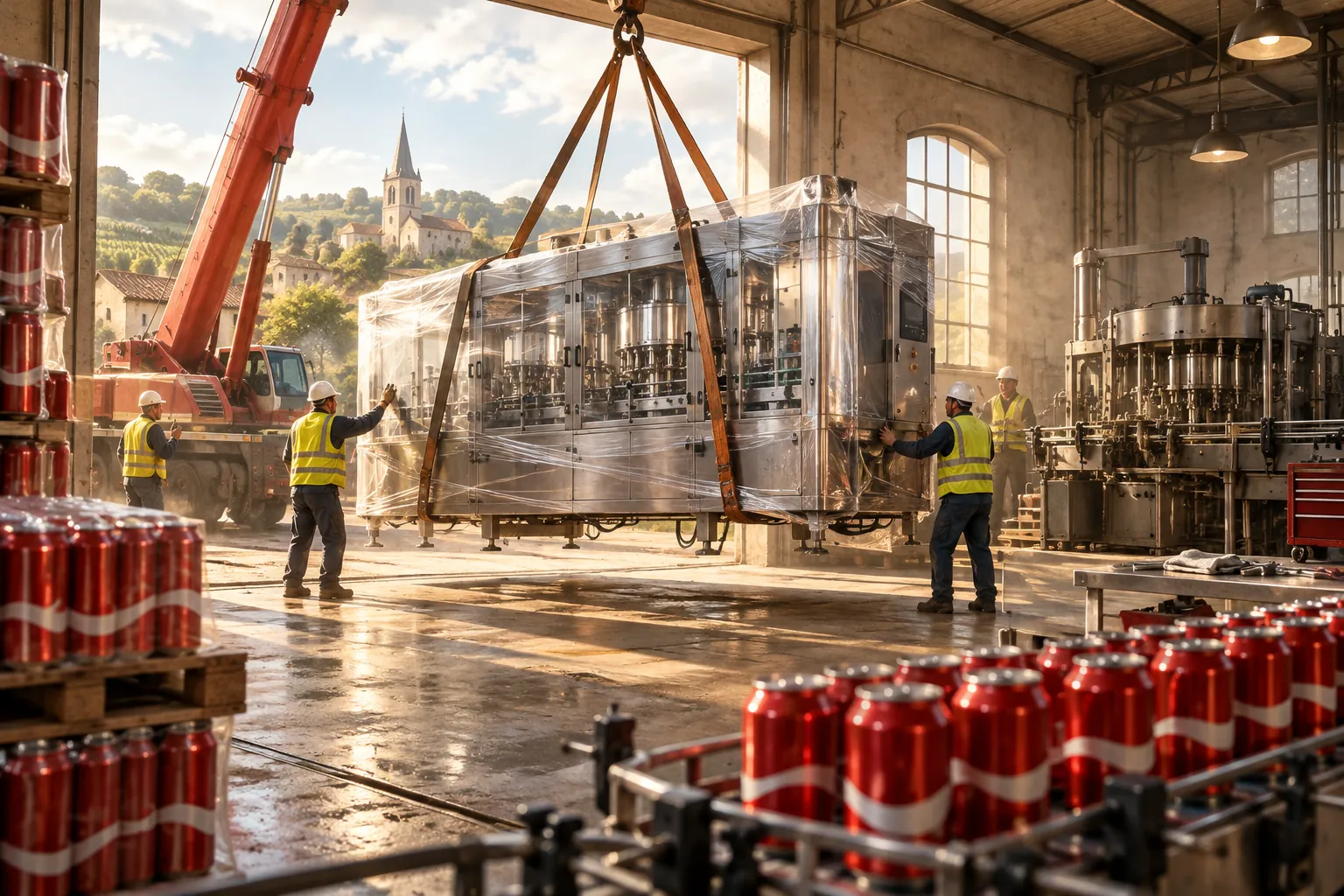 Une grue soulève la nouvelle machine d’embouteillage, emballée, pour l’installer dans l’usine.