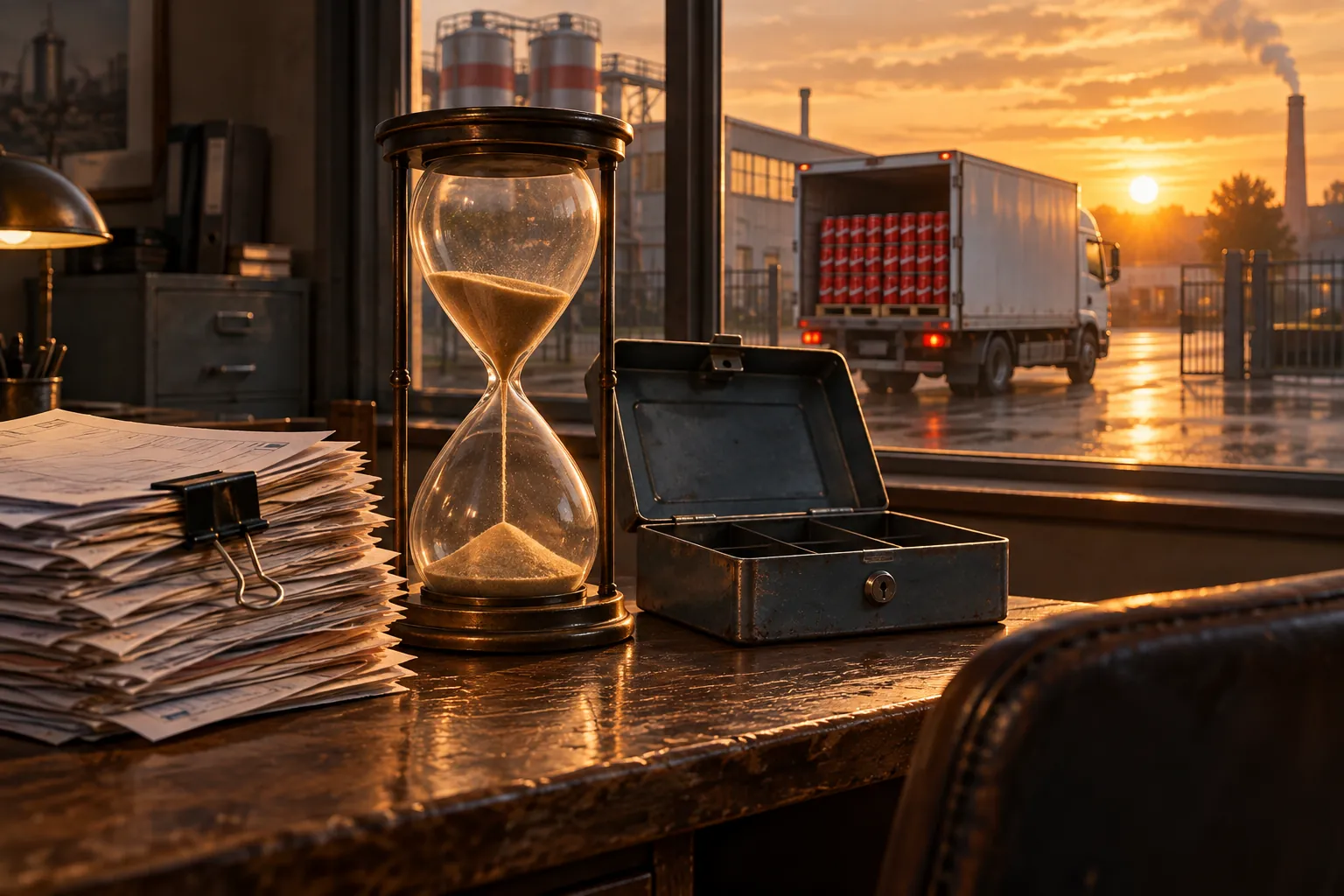 Un sablier, une caisse d’argent et un camion de livraison au coucher du soleil : le temps qui passe entre la vente et le paiement.