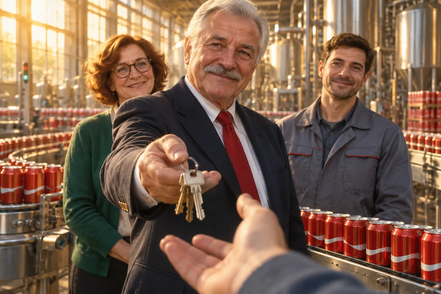 Gaston tend les clés de l’usine, sous le regard de Colette et de Lucas.
