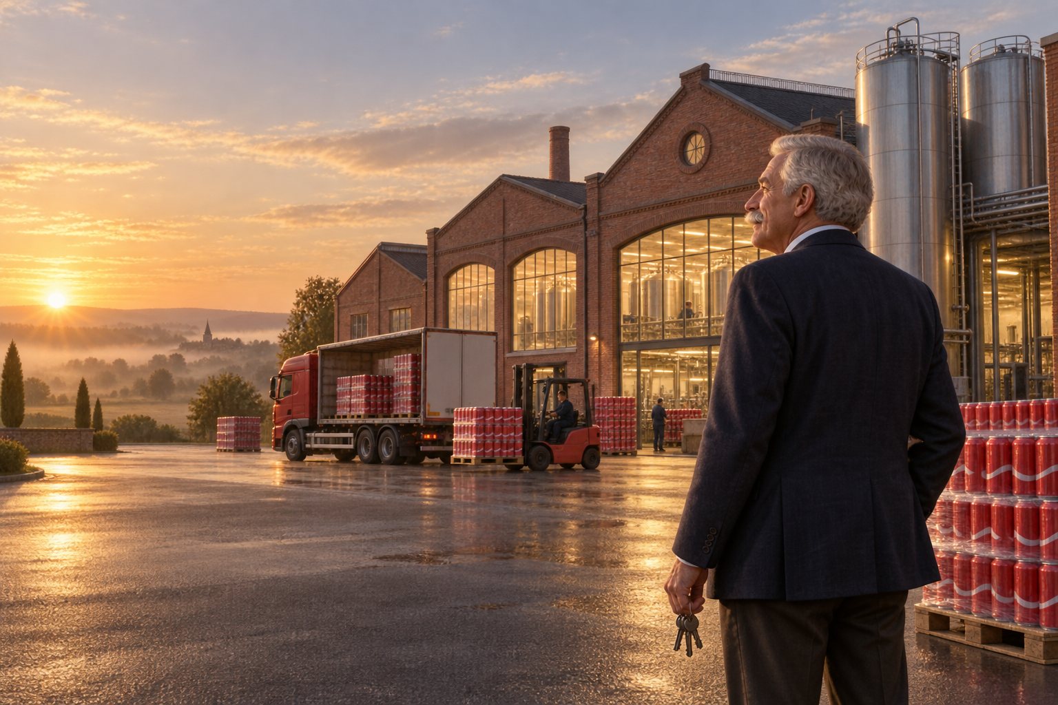 Gaston, de dos, les clés de l’usine à la main, regarde l’usine Théo-Cola au lever du soleil.