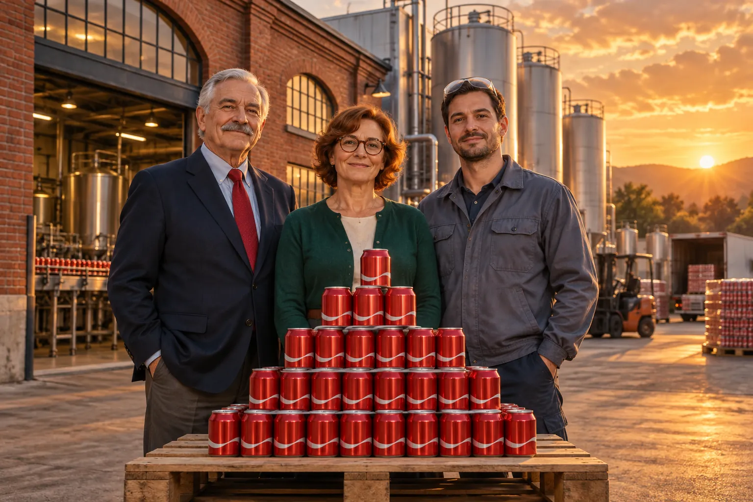 Gaston, Colette et Lucas devant une pyramide de canettes Théo-Cola.