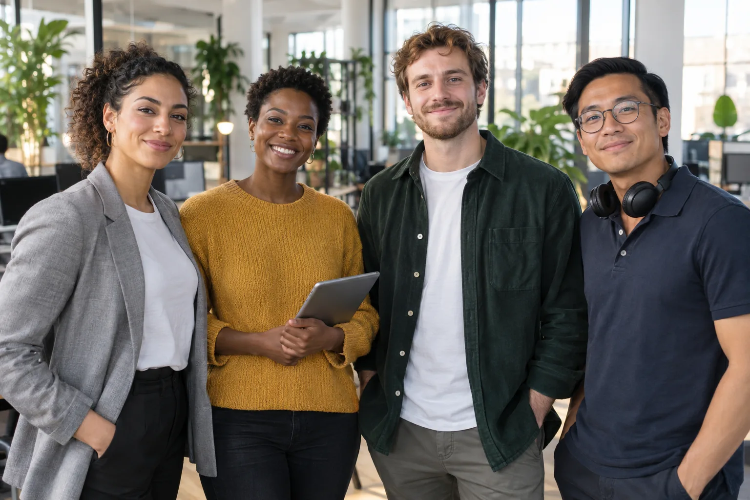 Inès, Awa, Antoine et Minh, quatre jeunes professionnels du numérique, dans un espace de travail lumineux.
