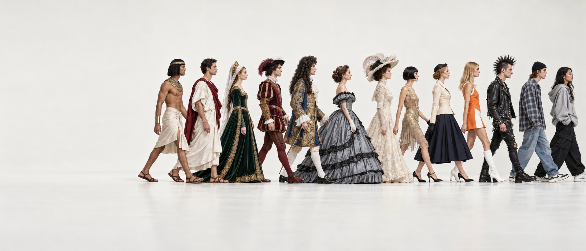 Un défilé de silhouettes de mode de différentes époques, de l’Antiquité à aujourd’hui.