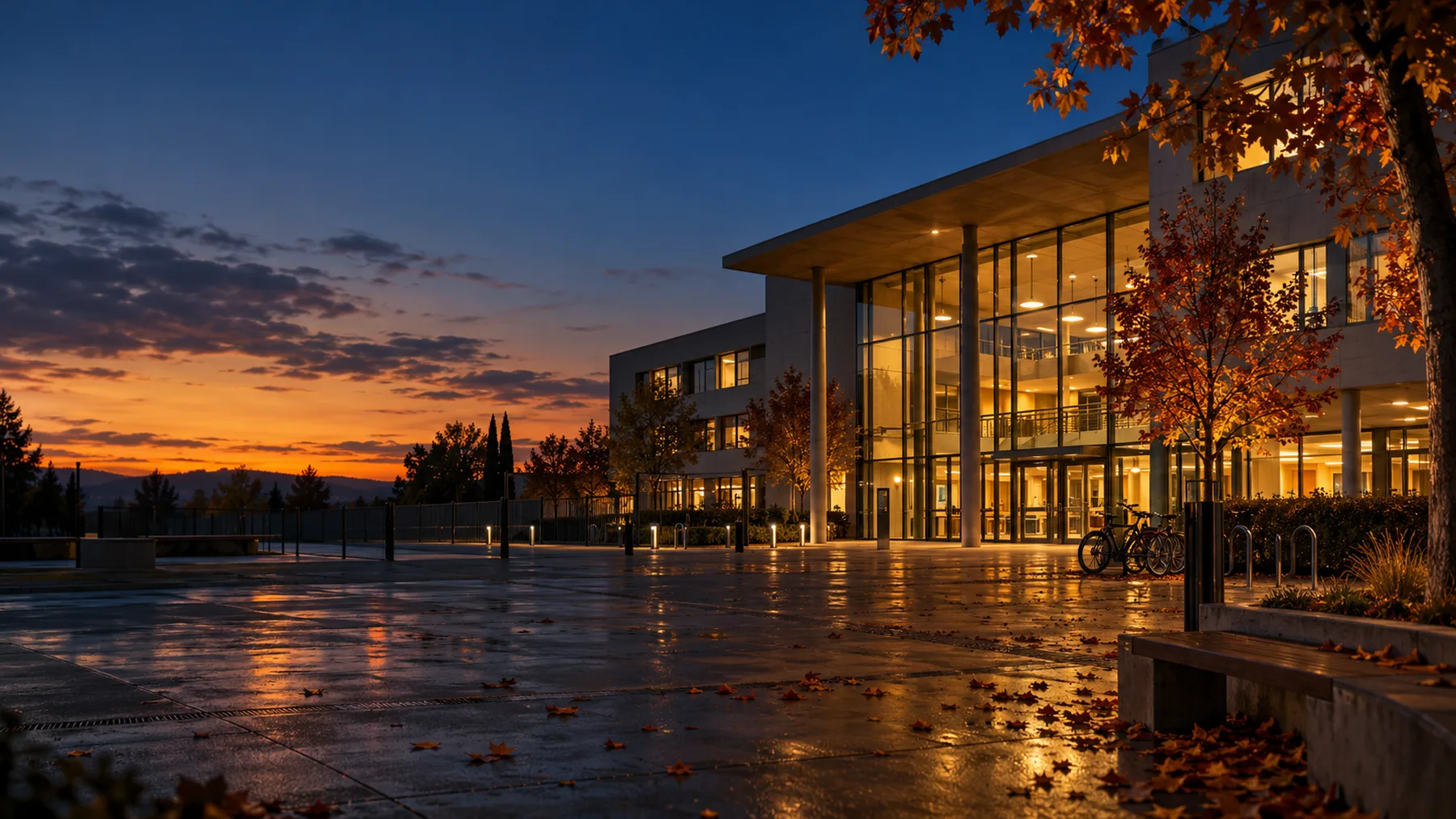 Le lycée de la seconde B, la nuit, sous les arbres d’automne.